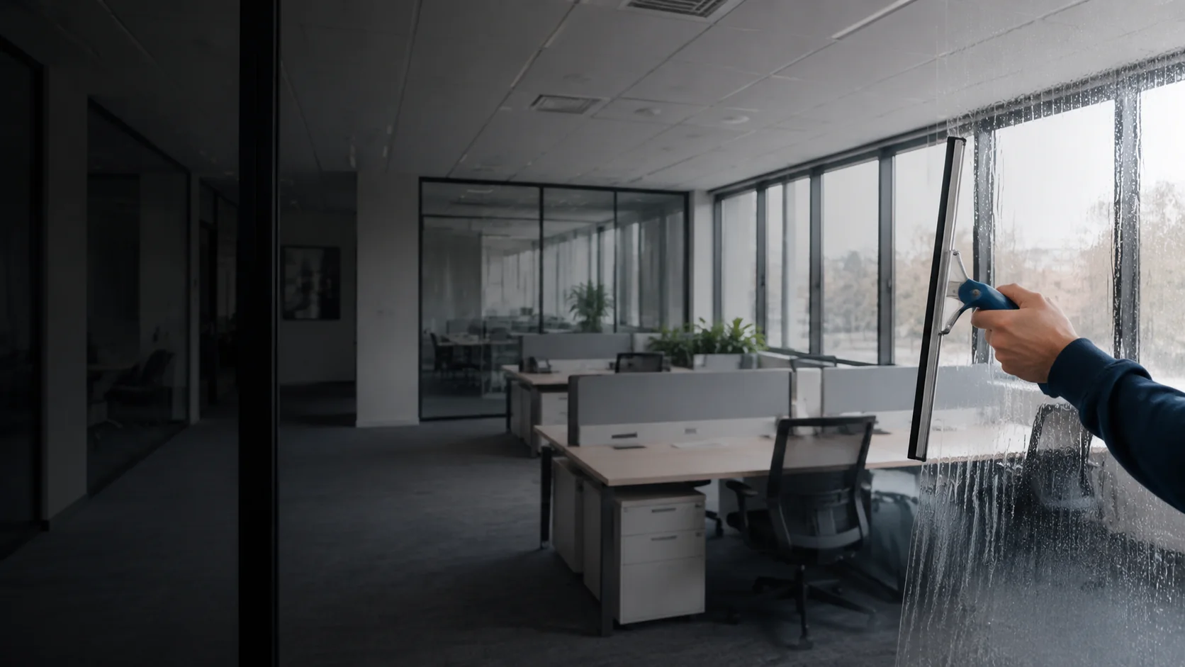 Professional cleaners working in a bright, modern open-plan living room